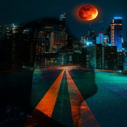 Digital composite image of illuminated buildings against sky at night