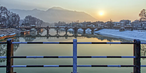 Bridge over river against sky during winter, zero bridge srinagar kashmir 