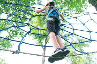 Child boy having summer fun at adventure park on the zip line. balance beam and rope bridges