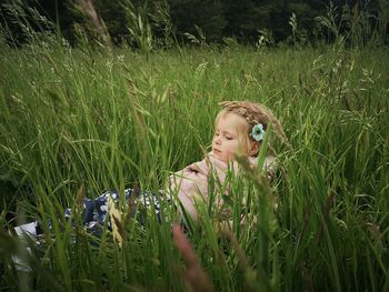 Portrait of boy on grassy field