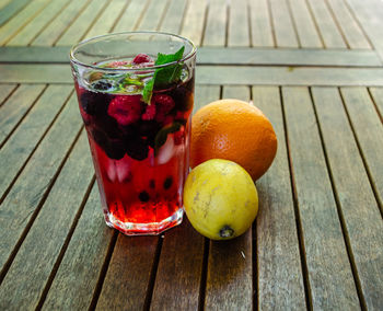 Directly above shot of glass with raspberry on wooden table