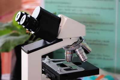 Close-up of microscope at laboratory