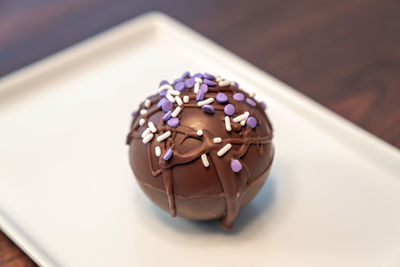 High angle view of chocolate cake on table