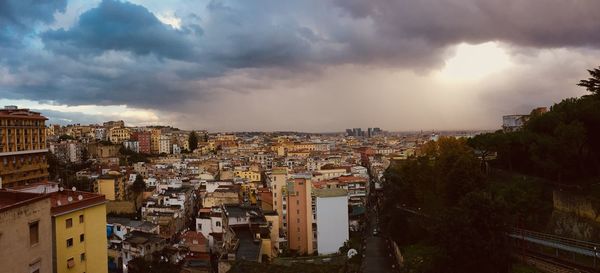 High angle shot of townscape against sky