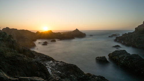 Scenic view of sea against clear sky during sunset