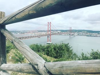 View of suspension bridge against cloudy sky