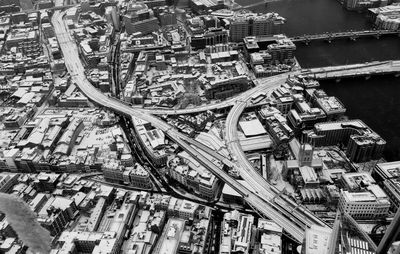 High angle view of street amidst buildings in city