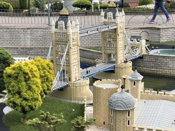 High angle view of bridge over river against buildings