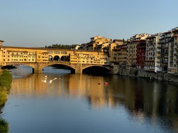 Bridge over river in city against clear sky