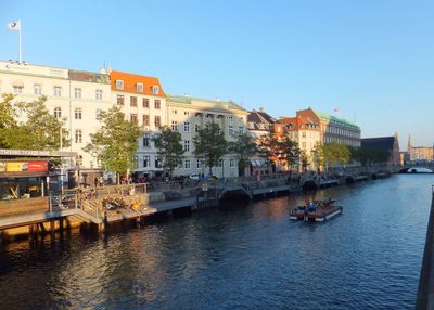 Boats in river with buildings in background