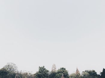 Low angle view of trees and buildings against sky