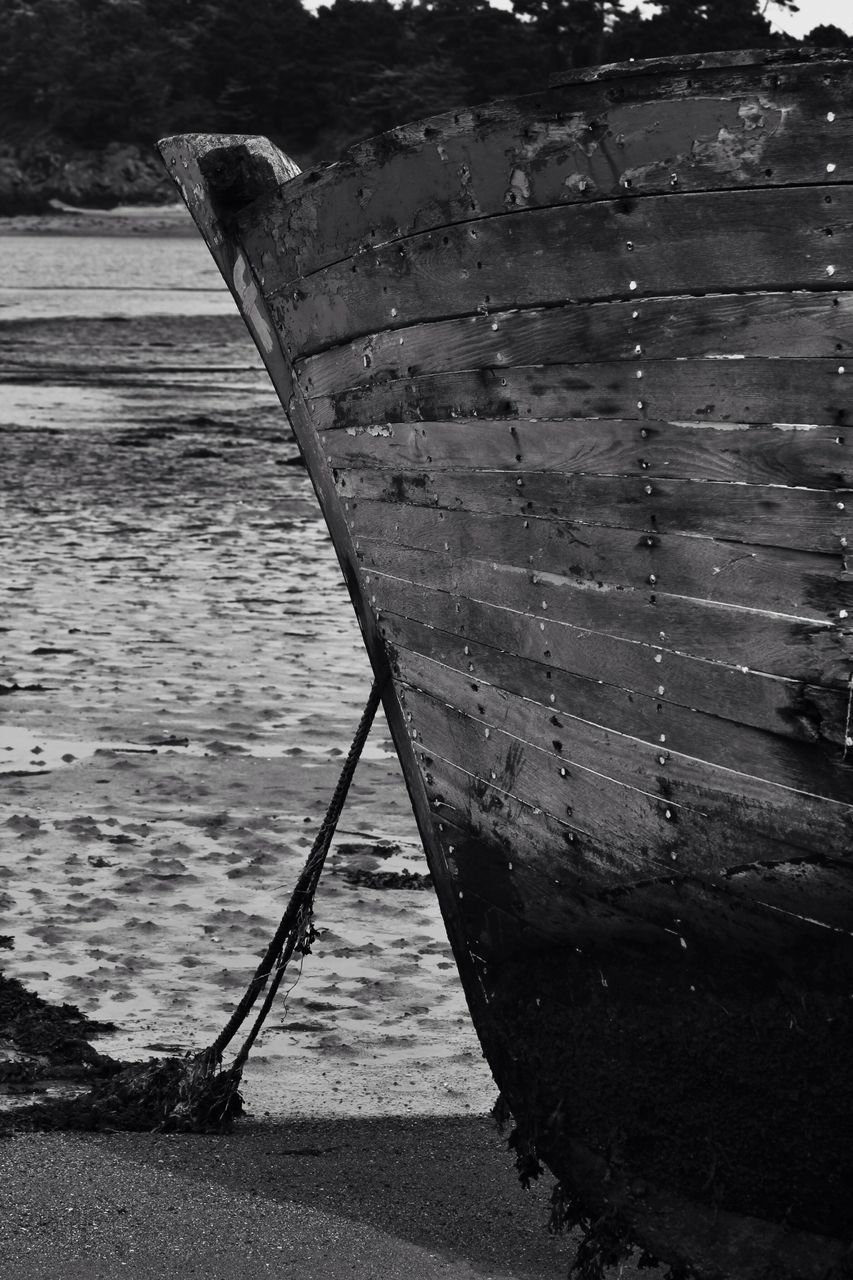 water, wood - material, outdoors, day, no people, damaged, sunlight, old, steps, abandoned, built structure, nautical vessel, nature, wood, close-up, weathered, high angle view, wooden, boat, railing