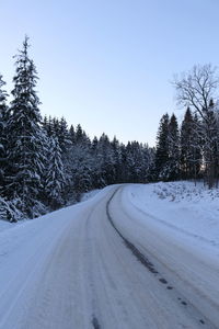Snow covered road amidst trees against sky during winter
