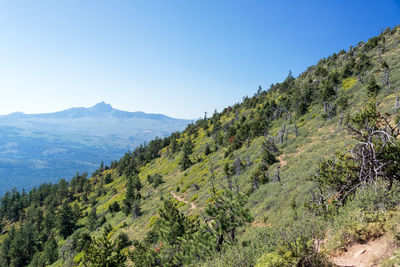 Scenic view of mountains against clear blue sky