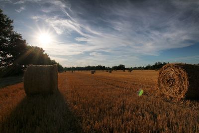 Hay bales on field against sky