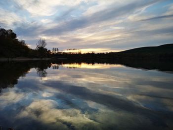 Scenic view of lake against sky during sunset