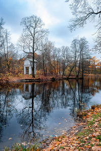 Reflection of trees in lake against sky