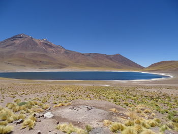 Scenic view of mountains and lake against clear blue sky