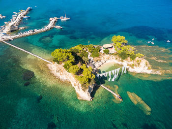 Aerial view of harbor at sea