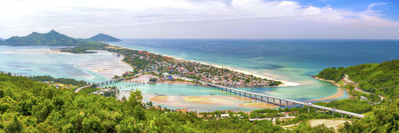 High angle view of bay against sky