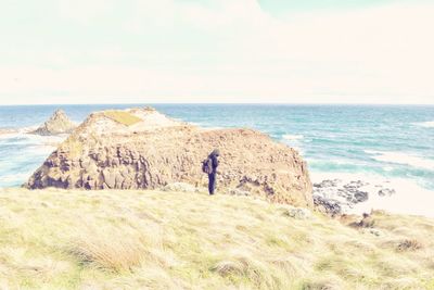 Rear view of man standing on rock by sea against sky