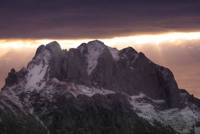 Scenic view of snowcapped mountains against sky during sunset