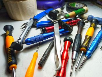 High angle view of various objects on table