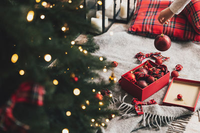 Close-up of christmas decorations on table