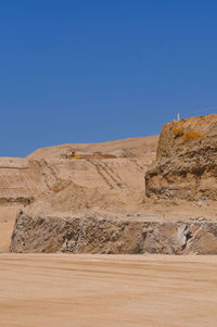 Scenic view of desert against clear blue sky