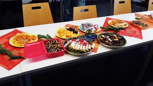 High angle view of sushi served on table