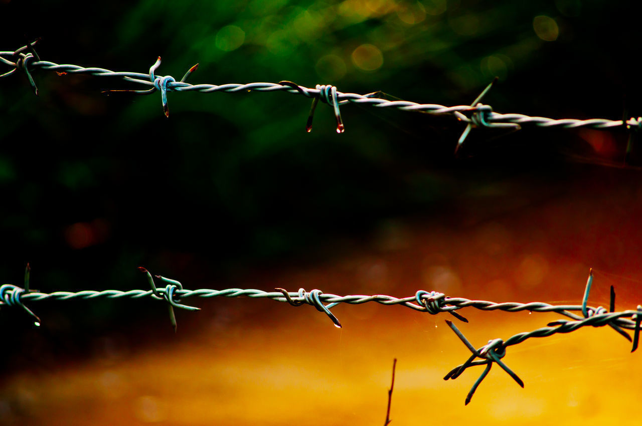 CLOSE-UP OF BARBED WIRE AGAINST FENCE