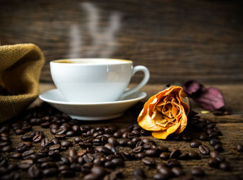 Close-up of coffee served on table