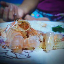 Close-up of hand feeding on table