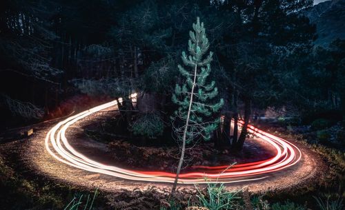 High angle view of light trails at night