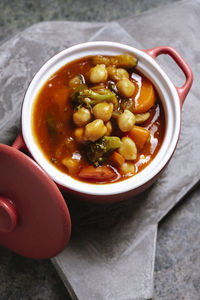 High angle view of soup in bowl on table