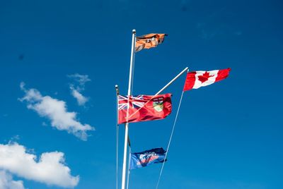 Low angle view of flags on mast against sky