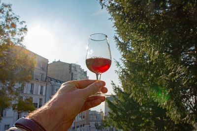 Cropped hand holding red wine against sky during sunny day