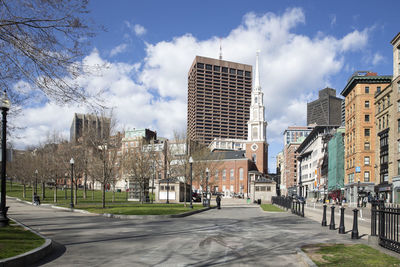 Downtown boston with church and surrounding office and apartment buildings