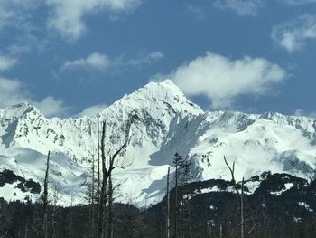 Low angle view of snowcapped mountains against sky