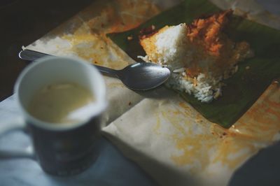 High angle view of breakfast on table