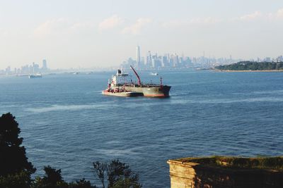 High angle view of ship on hudson river against sky