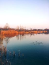 Scenic view of lake against clear sky