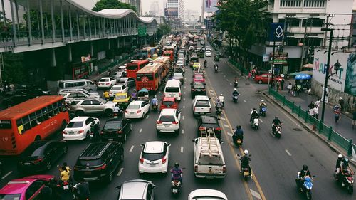 High angle view of traffic on road in city