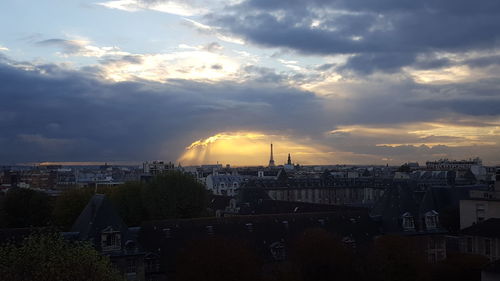 High angle view of cityscape against cloudy sky during sunset