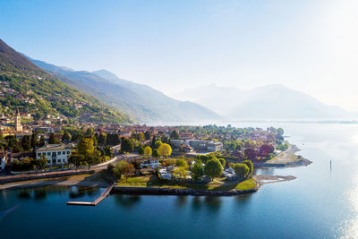 Scenic view of lake and houses against clear sky