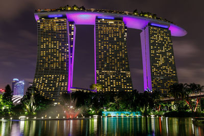 Illuminated city buildings at night