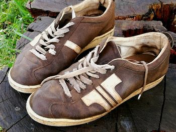 High angle view of shoes on wood