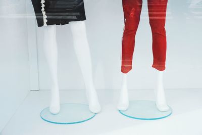 Low section of mannequin standing on window display