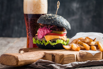 Close-up of burger on table