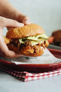 Close-up of hand holding burger